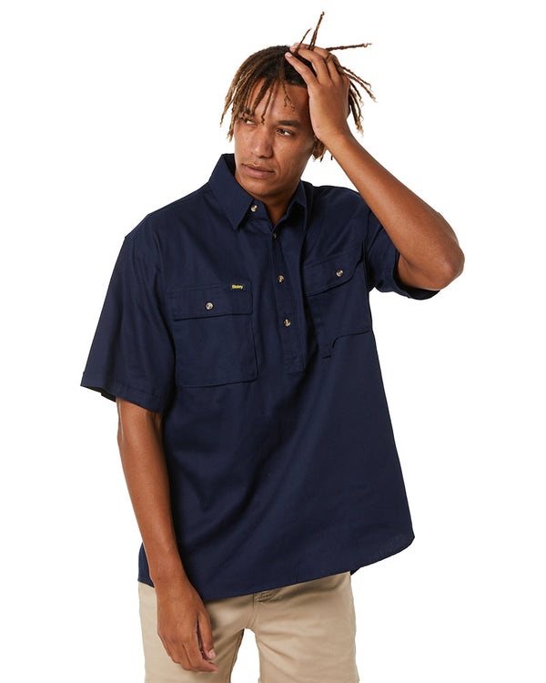 Closed Front Mens Cotton Drill SS Shirt - Navy