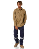 Closed Front Mens Cotton Drill LS Shirt - Khaki