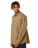 Closed Front Mens Cotton Drill LS Shirt - Khaki