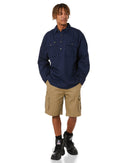 Closed Front Mens Cotton Drill LS Shirt - Navy