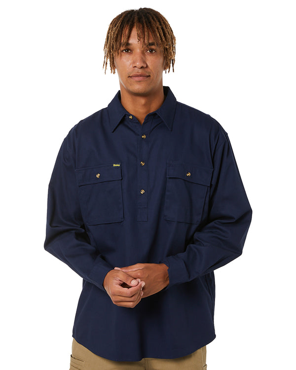 Closed Front Mens Cotton Drill LS Shirt - Navy