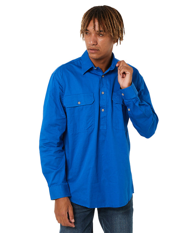 Closed Front Cotton Twill Shirt LS - Cobalt Blue