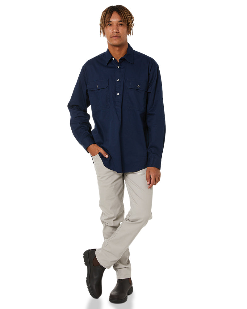 Pilbara Closed Front Cotton Twill Shirt LS - French Navy | Buy Online
