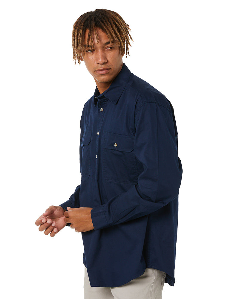 Closed Front Cotton Twill Shirt LS - French Navy