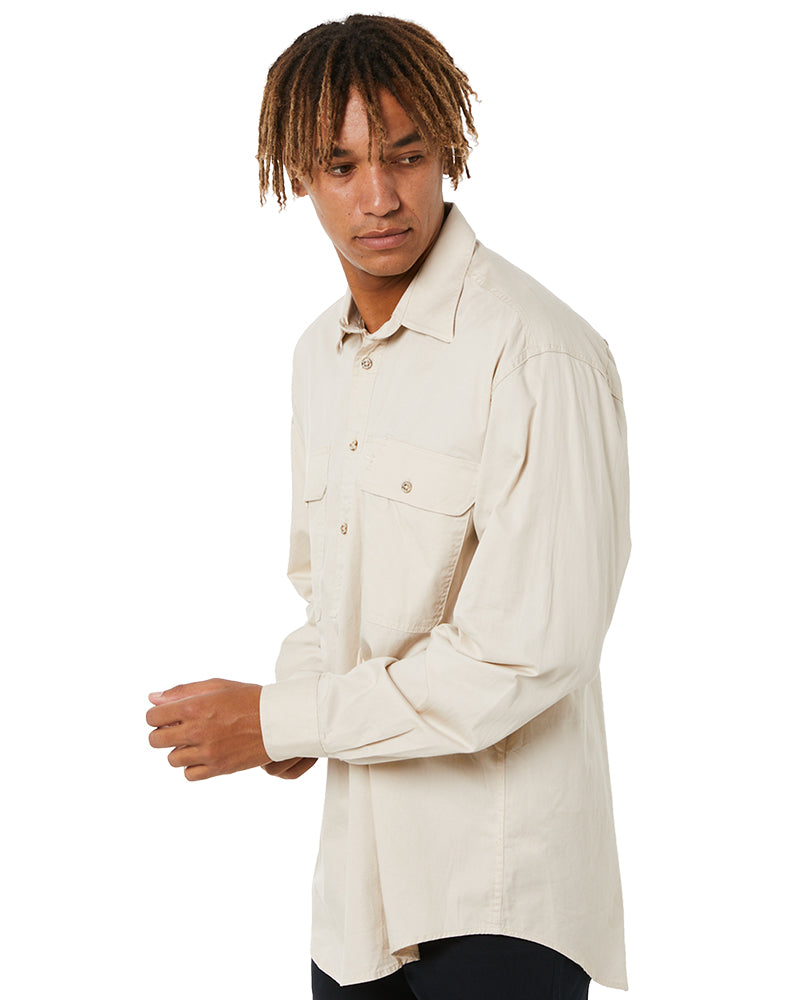 Closed Front Cotton Twill Shirt LS - Stone