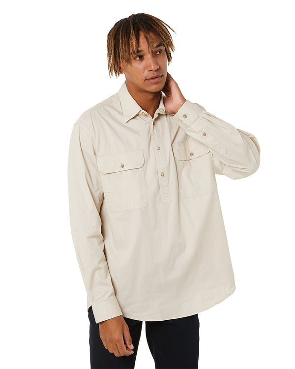 Closed Front Cotton Twill Shirt LS - Stone