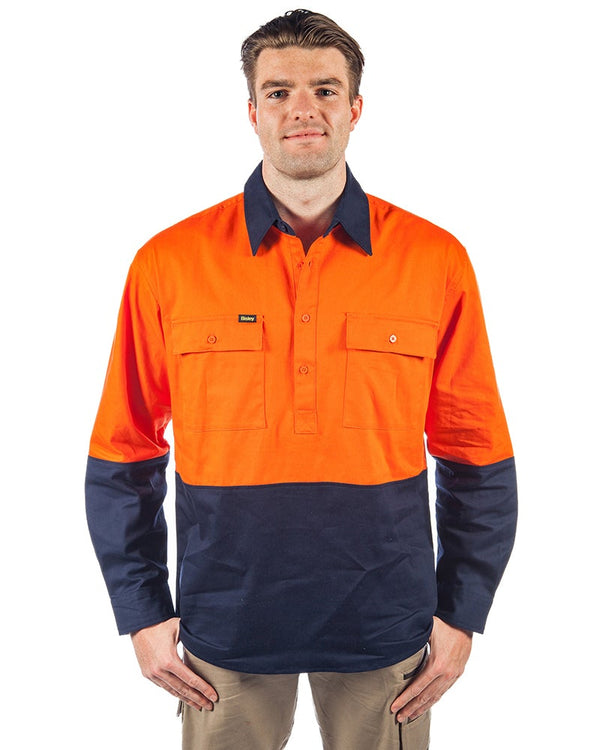 Hi Vis Closed Front LS Shirt - Orange/Navy