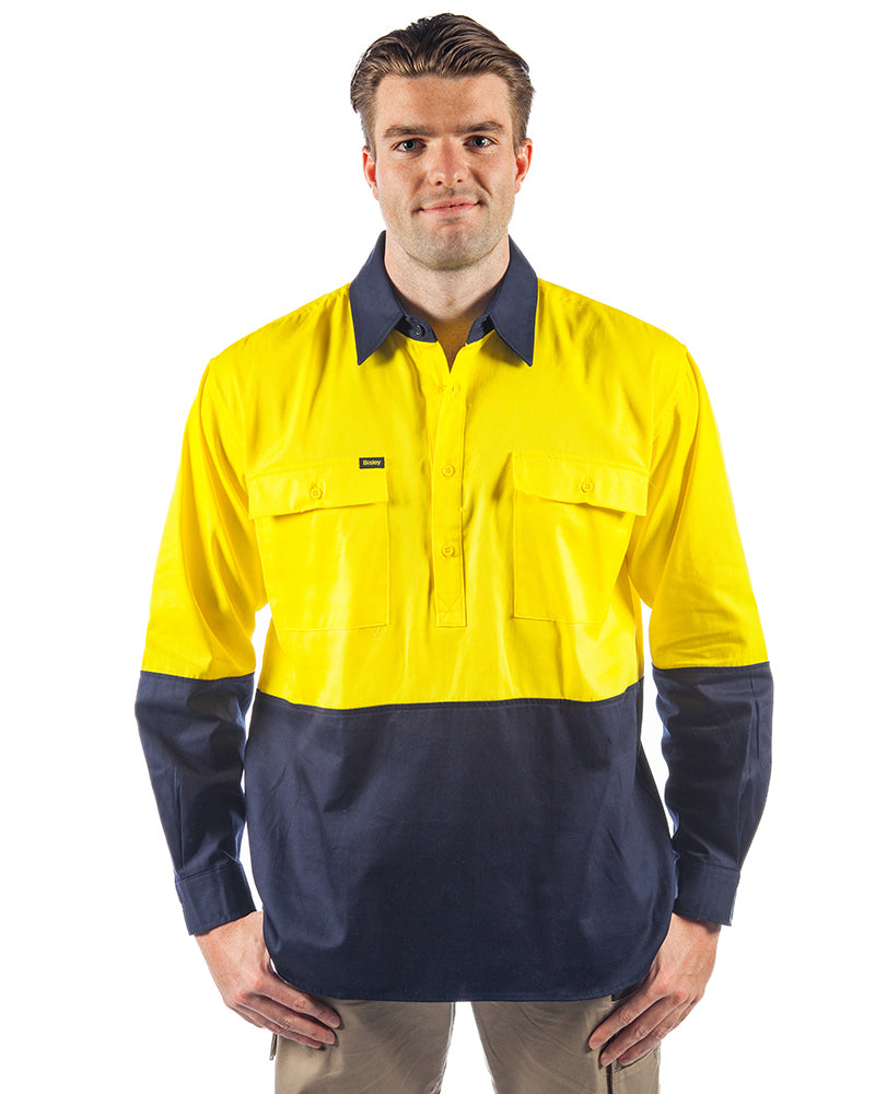 Hi Vis Closed Front LS Shirt - Yellow/Navy