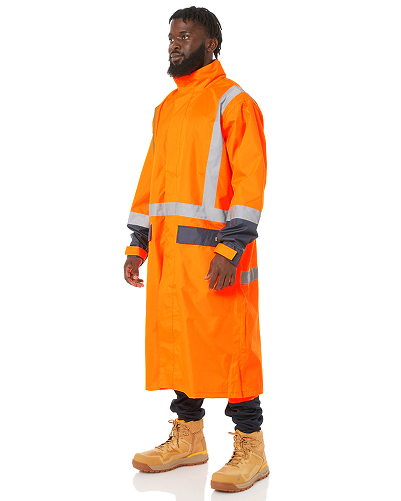 Hi Vis Taped Long Rain Coat - Orange/Navy