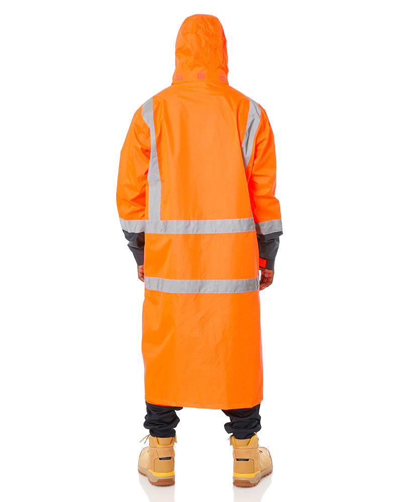 Hi Vis Taped Long Rain Coat - Orange/Navy