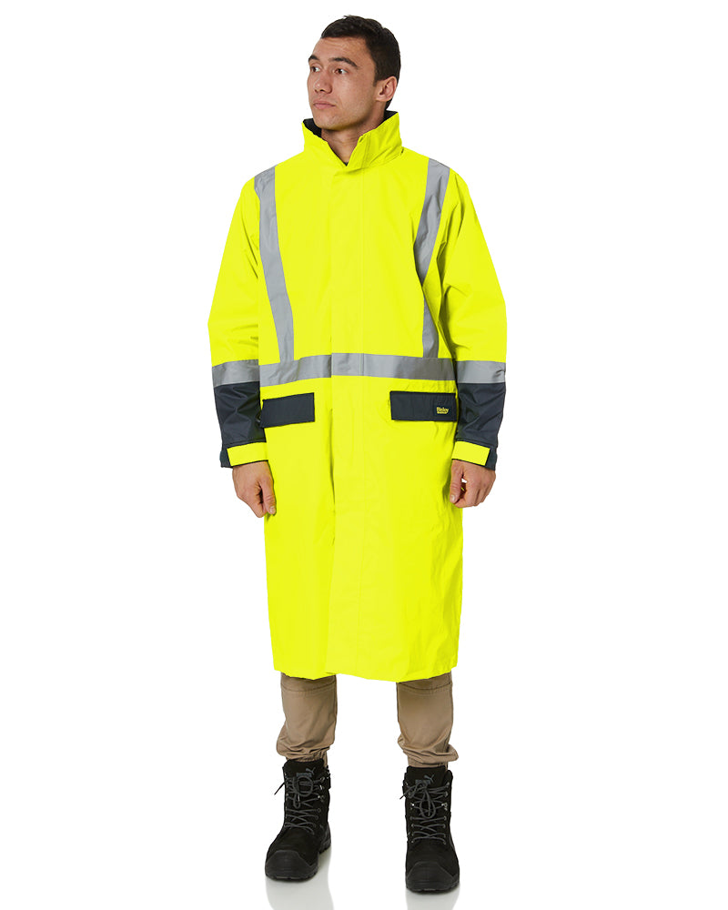 Hi Vis Taped Long Rain Coat - Yellow/Navy