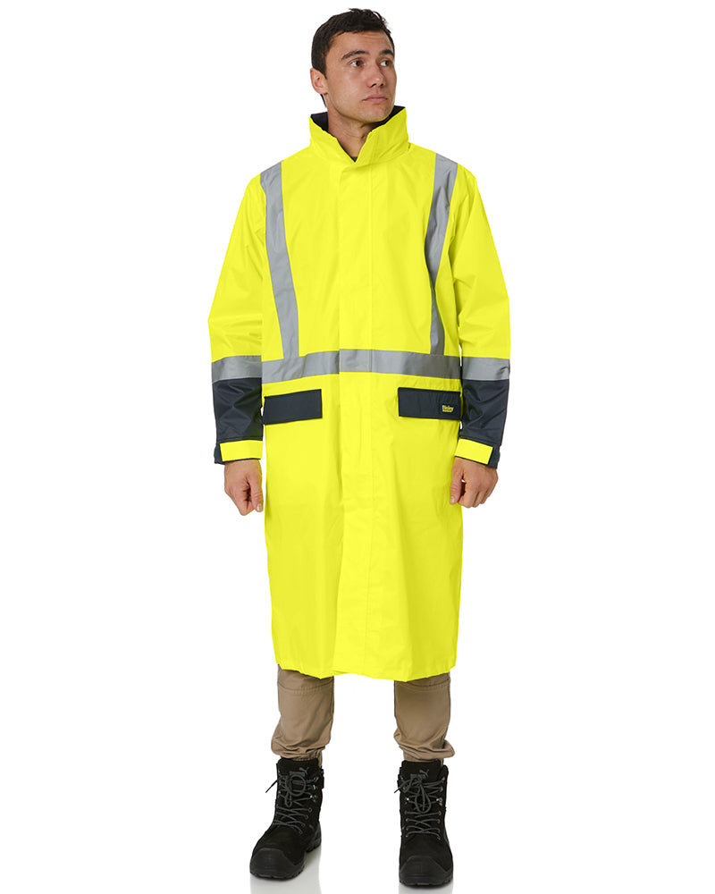 Hi Vis Taped Long Rain Coat - Yellow/Navy
