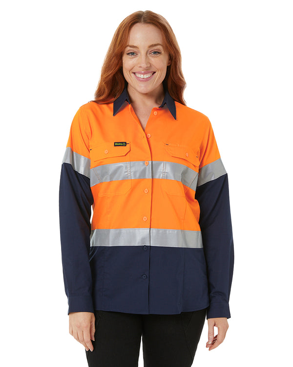 Womens Hi Vis Taped Recycled LS Drill Shirt - Orange/Navy