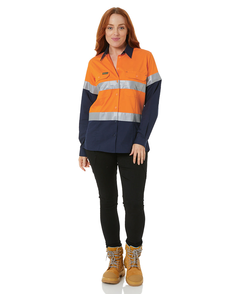 Womens Hi Vis Taped Recycled LS Drill Shirt - Orange/Navy