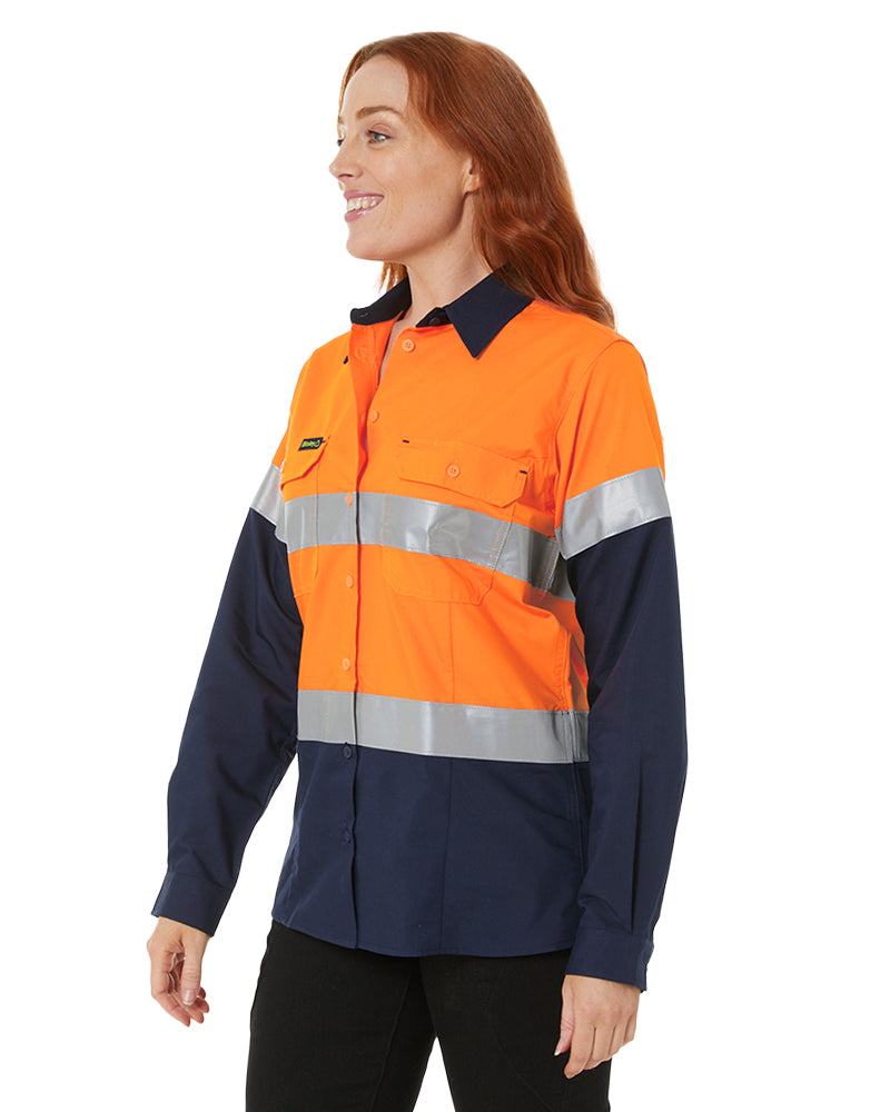 Womens Hi Vis Taped Recycled LS Drill Shirt - Orange/Navy