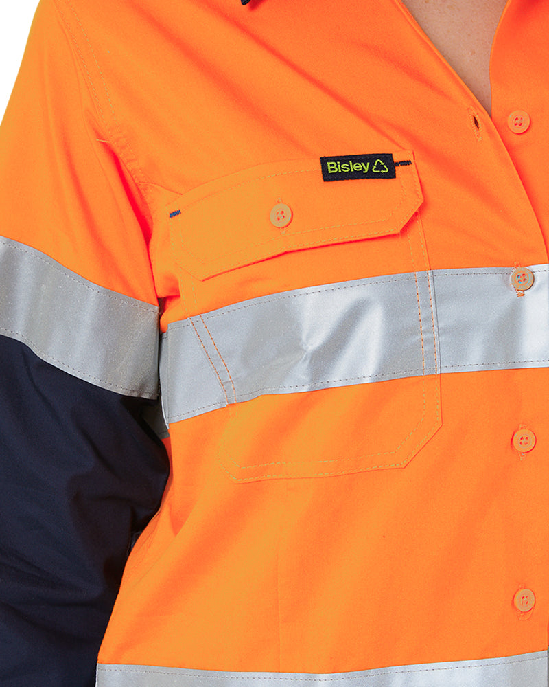 Womens Hi Vis Taped Recycled LS Drill Shirt - Orange/Navy