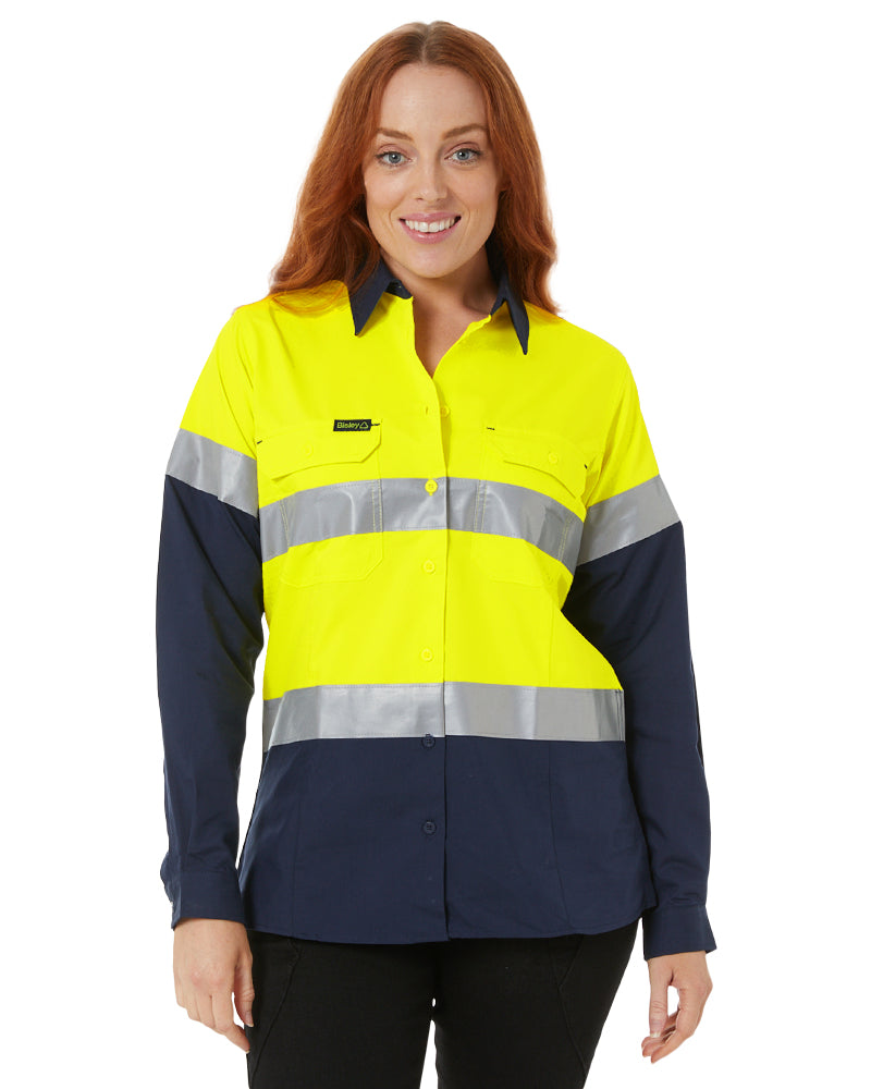 Womens Hi Vis Taped Recycled LS Drill Shirt - Yellow/Navy