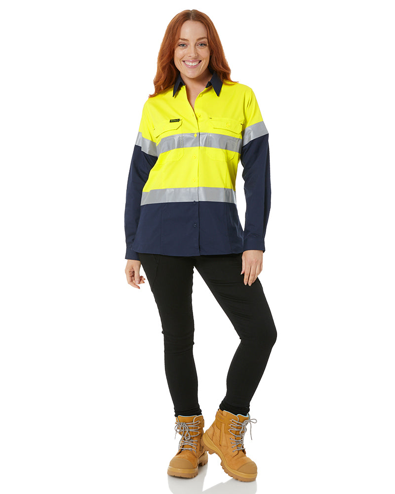 Womens Hi Vis Taped Recycled LS Drill Shirt - Yellow/Navy