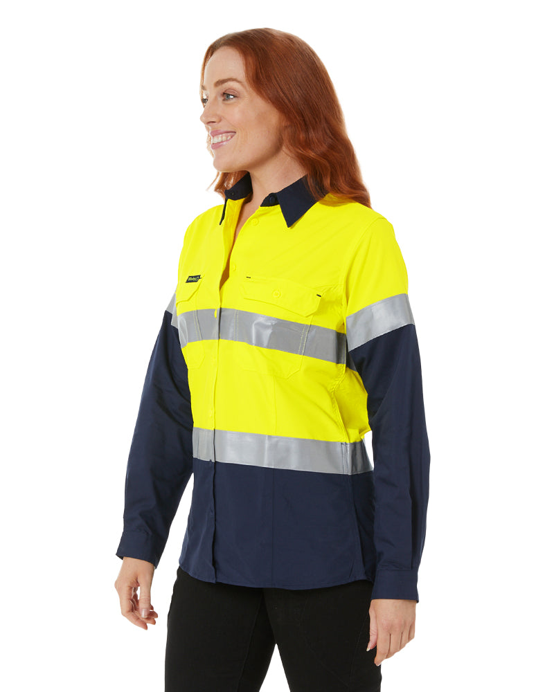 Womens Hi Vis Taped Recycled LS Drill Shirt - Yellow/Navy
