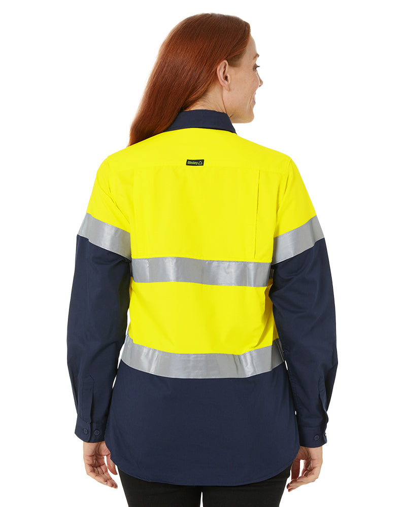 Womens Hi Vis Taped Recycled LS Drill Shirt - Yellow/Navy