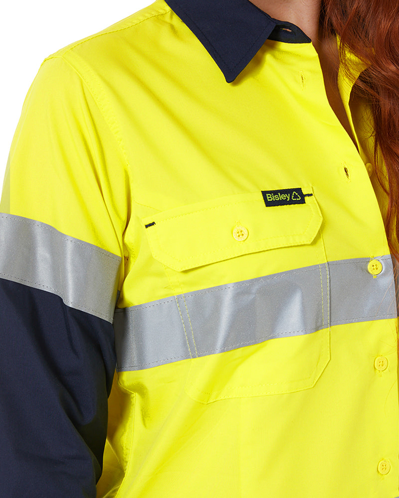 Womens Hi Vis Taped Recycled LS Drill Shirt - Yellow/Navy