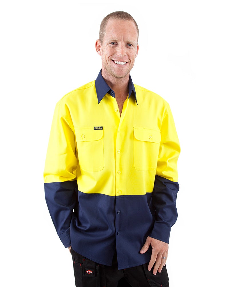 Hi Vis Drill Shirt LS Yellow Navy