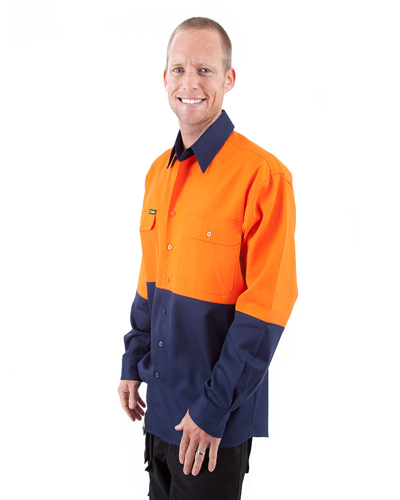 Hi Vis Drill Shirt LS - Orange/Navy