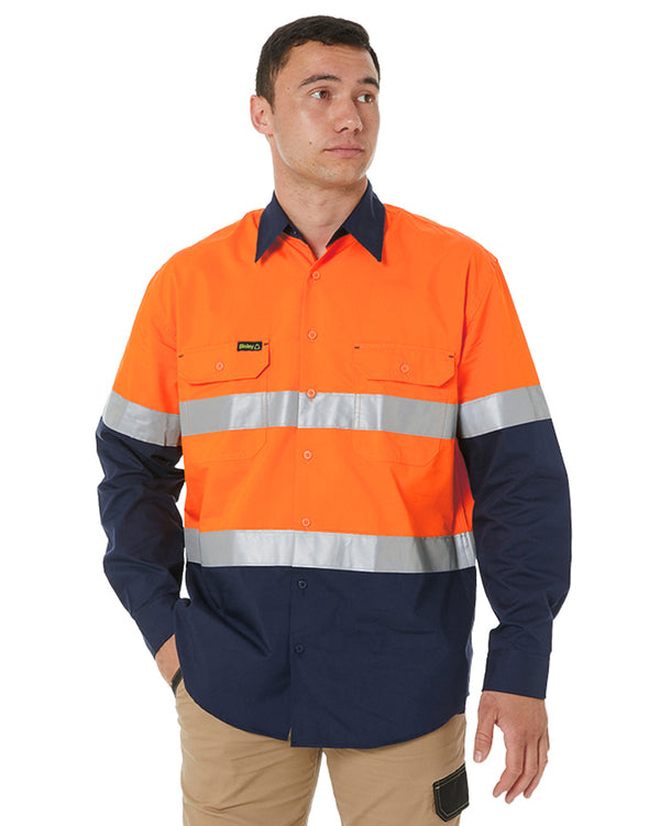 Hi Vis Recycled LS Drill Shirt - Orange/Navy