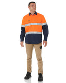 Hi Vis Recycled LS Drill Shirt - Orange/Navy