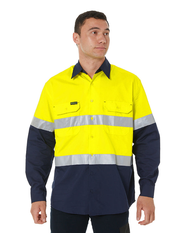 Hi Vis Recycled LS Drill Shirt - Yellow/Navy