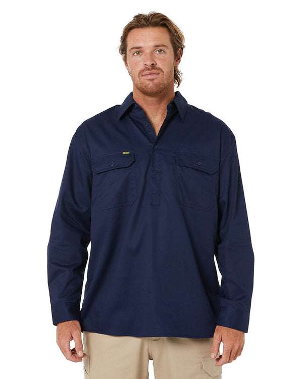 Closed Front Mens Lightweight LS Drill Shirt - Navy