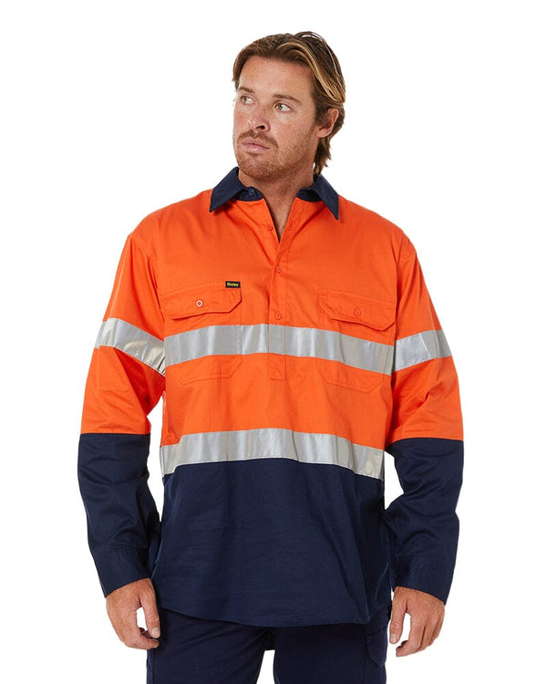 Taped Hi Vis Closed Front Lightweight LS Shirt - Orange/Navy