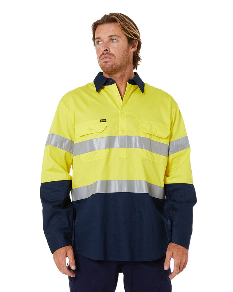 Taped Hi Vis Closed Front Lightweight LS Shirt - Yellow/Navy