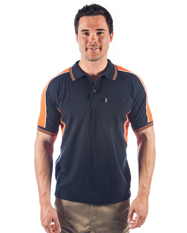 Polyester Cotton Panel Polo Shirt Short Sleeve - Navy/Orange