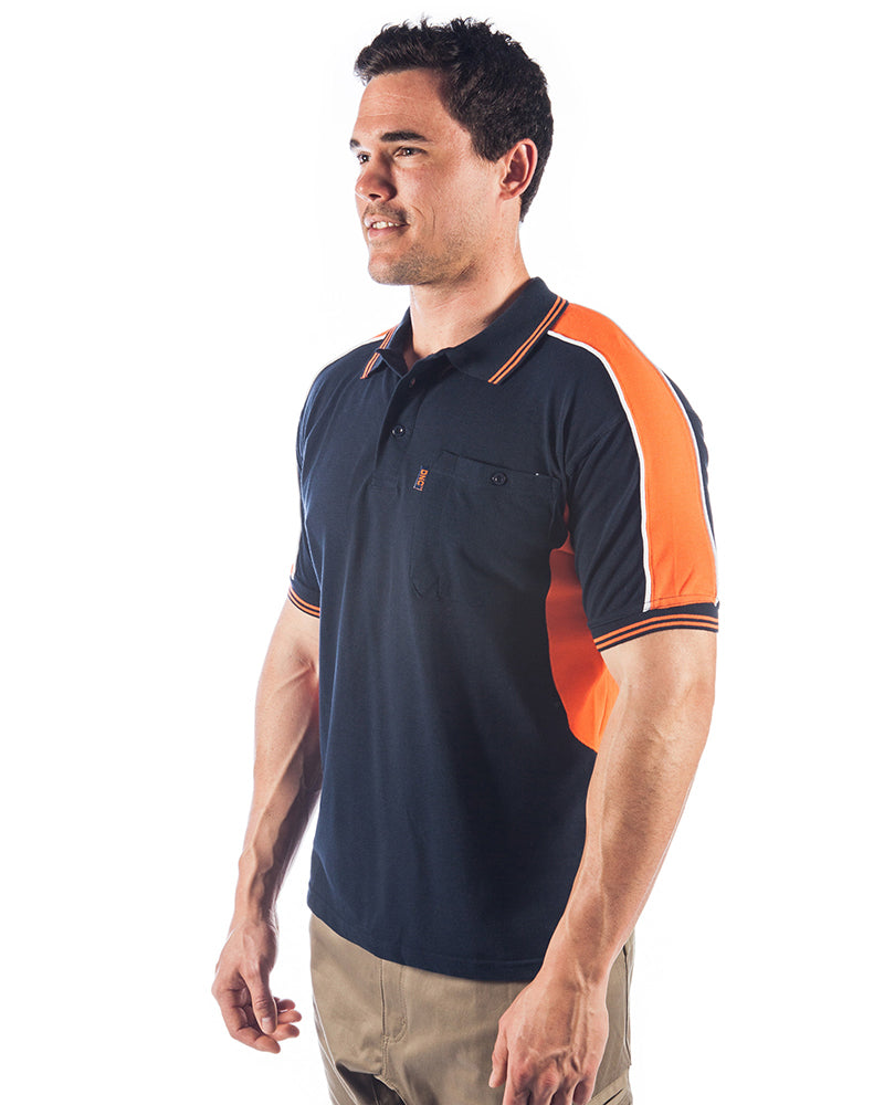 Polyester Cotton Panel Polo Shirt Short Sleeve - Navy/Orange