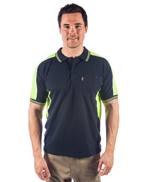 Polyester Cotton Panel Polo Shirt Short Sleeve - Navy/Yellow