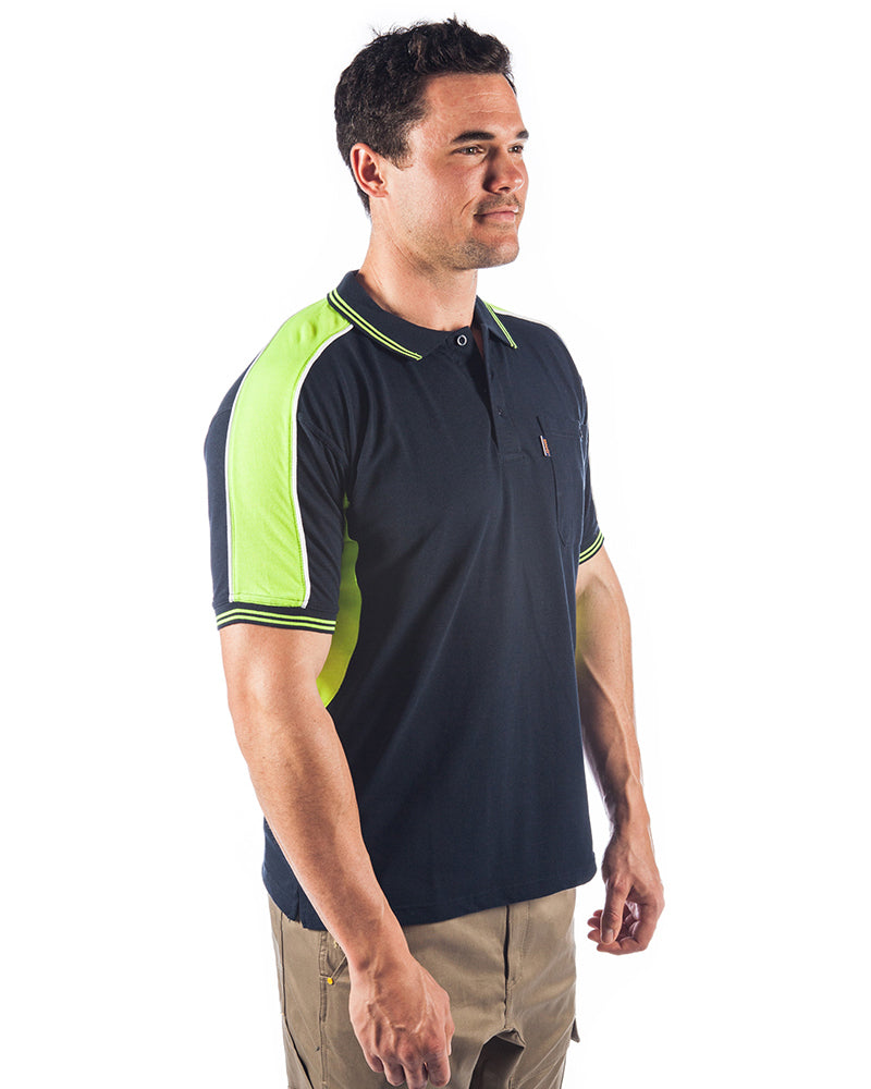Polyester Cotton Panel Polo Shirt Short Sleeve - Navy/Yellow