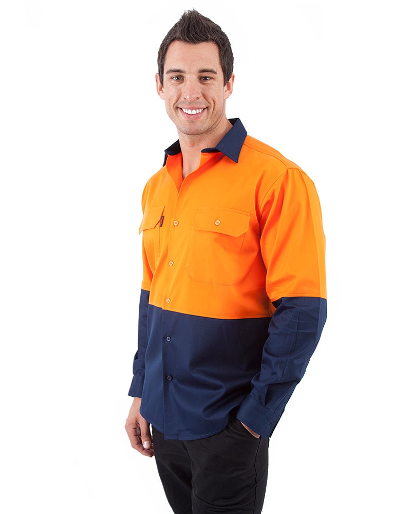 Hi Vis Cool Breeze Cotton Drill Shirt LS - Orange/Navy