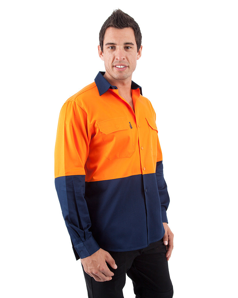 Hi Vis Cool Breeze Cotton Drill Shirt LS - Orange/Navy