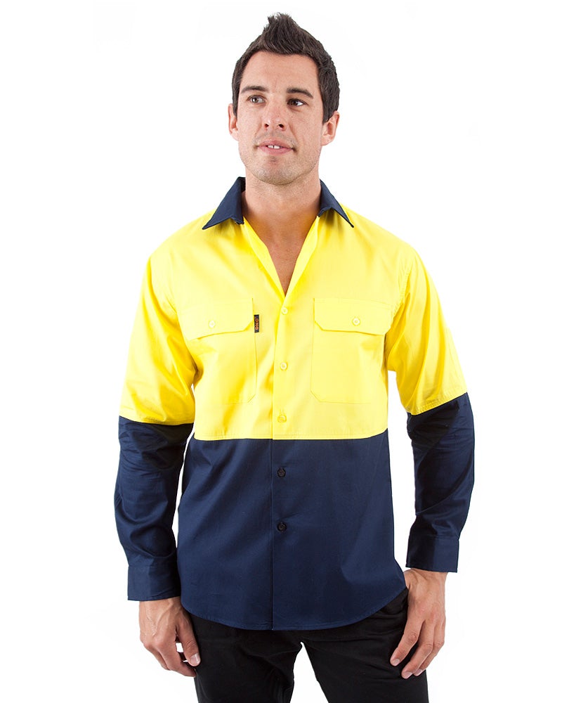 Hi Vis Cool Breeze Cotton Drill Shirt LS - Yellow/Navy