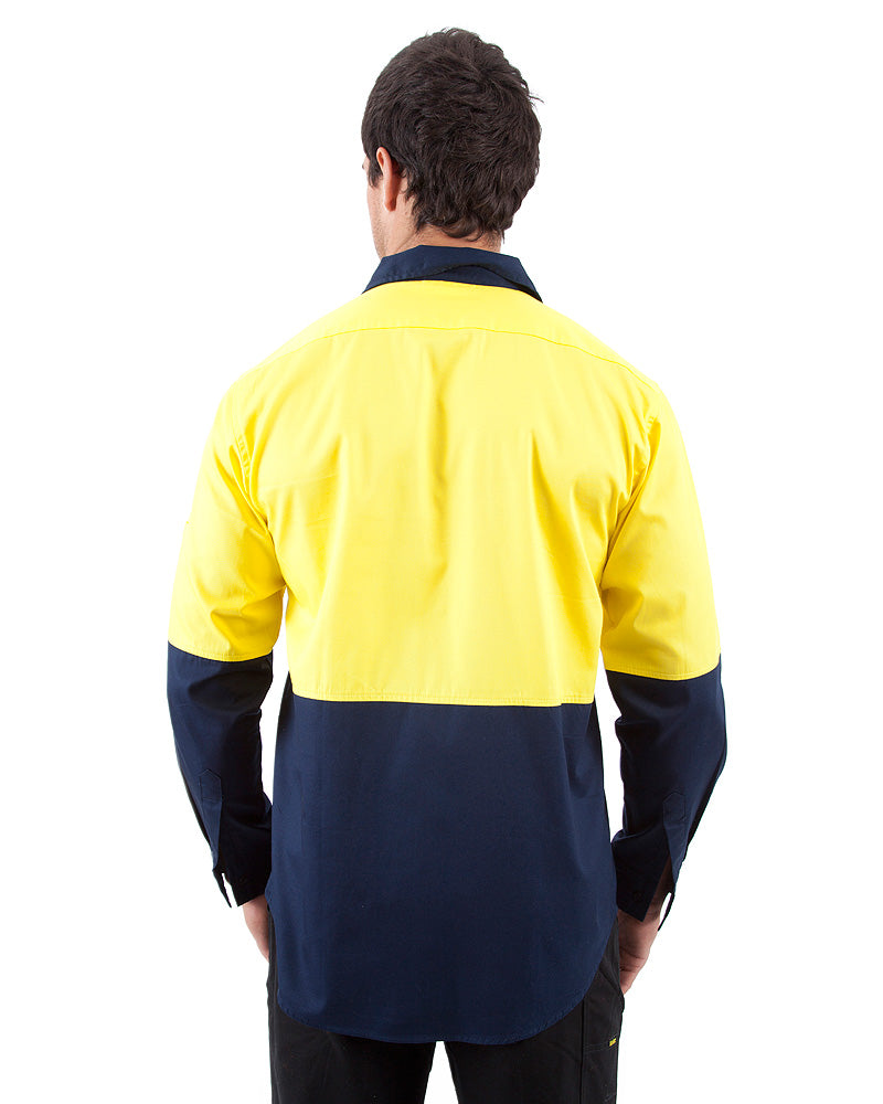 Hi Vis Cool Breeze Cotton Drill Shirt LS - Yellow/Navy