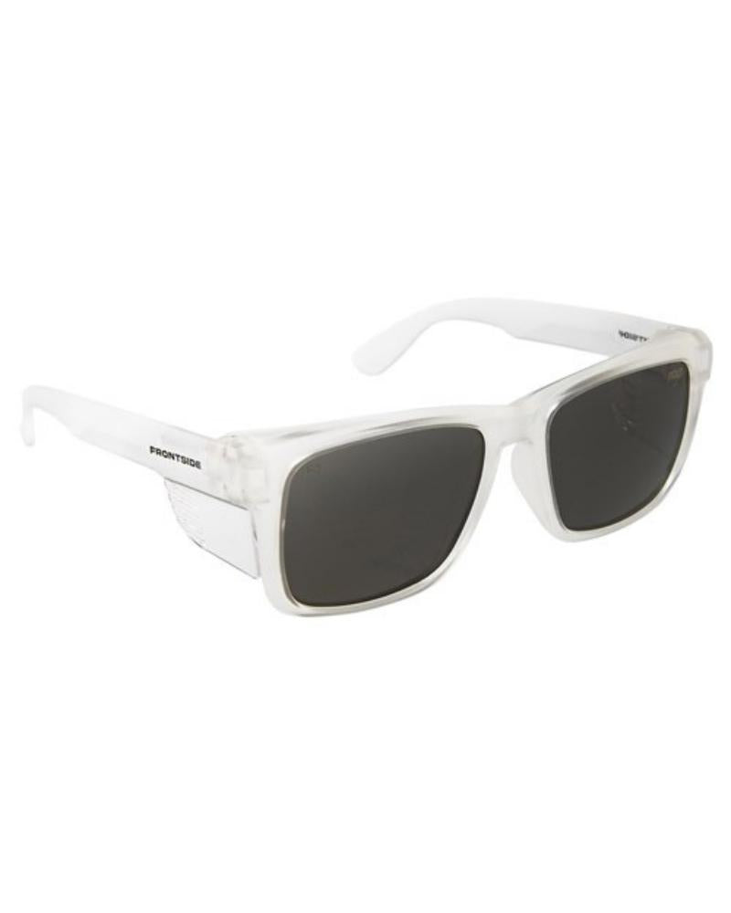 SAFETY GLASSES FRONTSIDE POLARISED SMOKE LENS WITH CLEAR FRAME