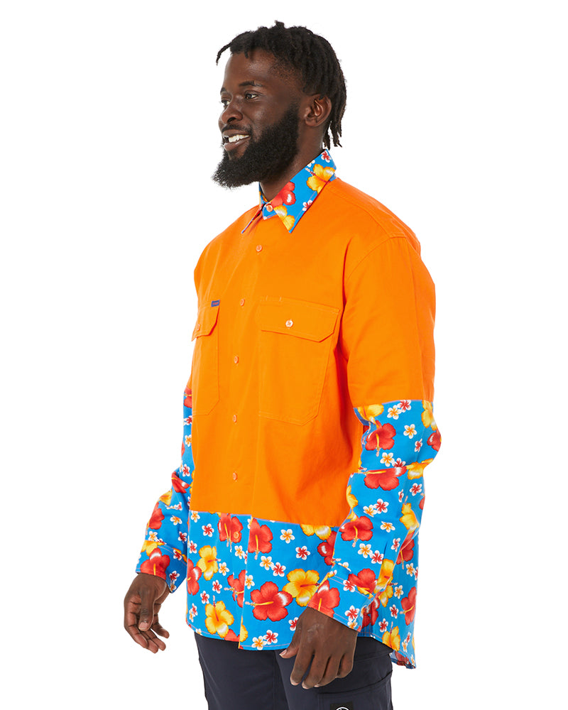 Light Weight Open Front LS Vented Two Tone Shirt - Orange/Hibiscus