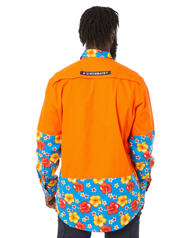 Light Weight Open Front LS Vented Two Tone Shirt - Orange/Hibiscus