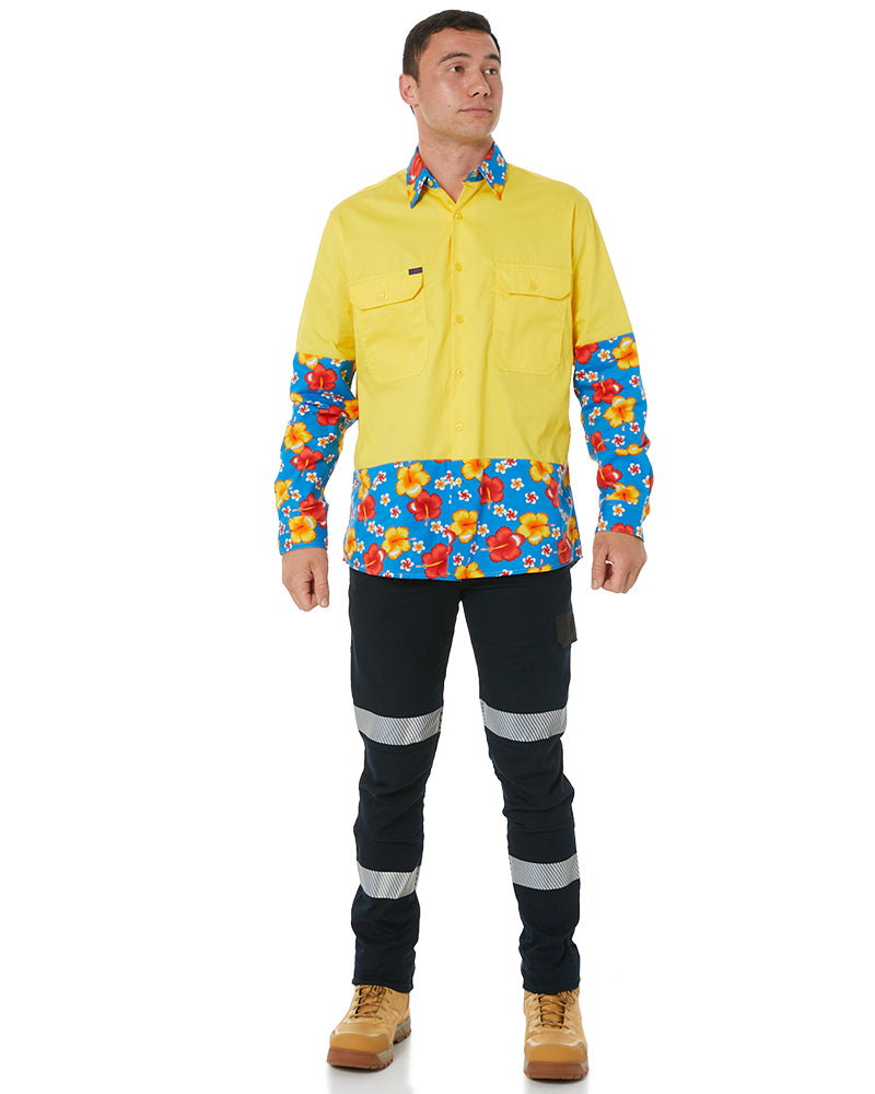 Light Weight Open Front LS Vented Two Tone Shirt - Yellow/Hibiscus