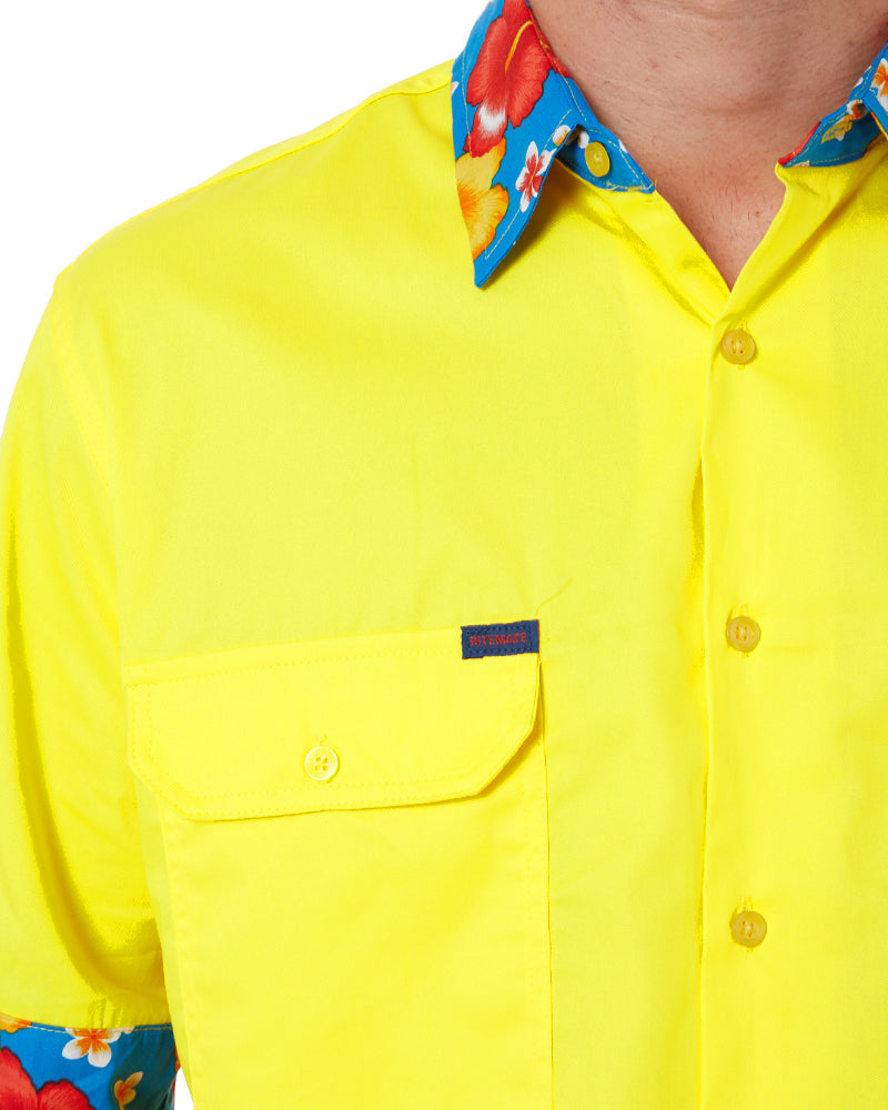 Light Weight Open Front LS Vented Two Tone Shirt - Yellow/Hibiscus