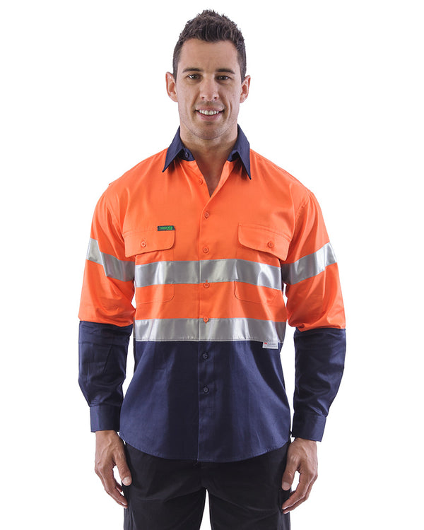 Hi Vis Taped Cotton Drill Shirt LS (3 Pack) - Orange/Navy