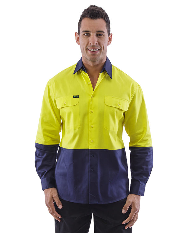 Hi Vis Cotton Drill Shirt LS (3 Pack) - Yellow/Navy