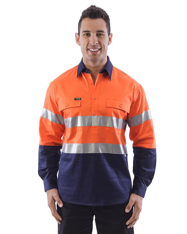 Hi Vis Taped Closed Front Cotton Drill Shirt LS (3 Pack) - Orange/Navy