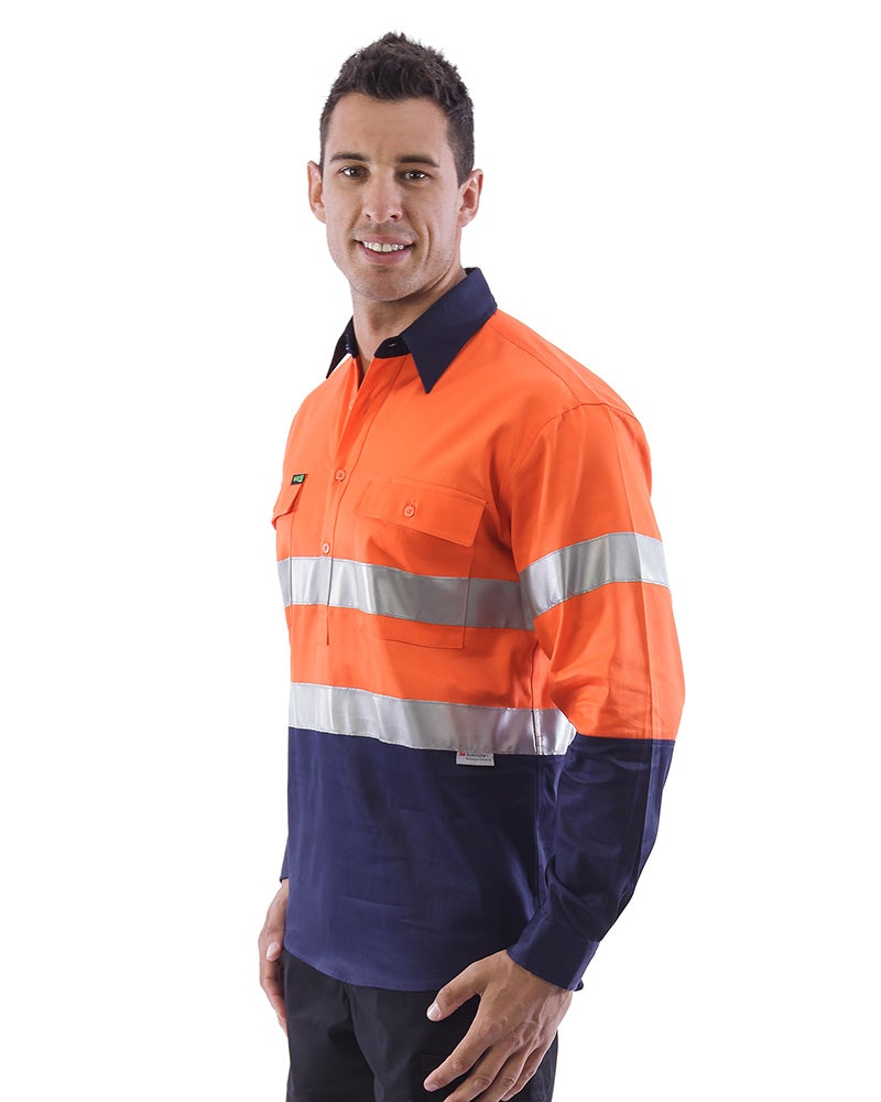 Hi Vis Taped Closed Front Cotton Drill Shirt LS (3 Pack) - Orange/Navy